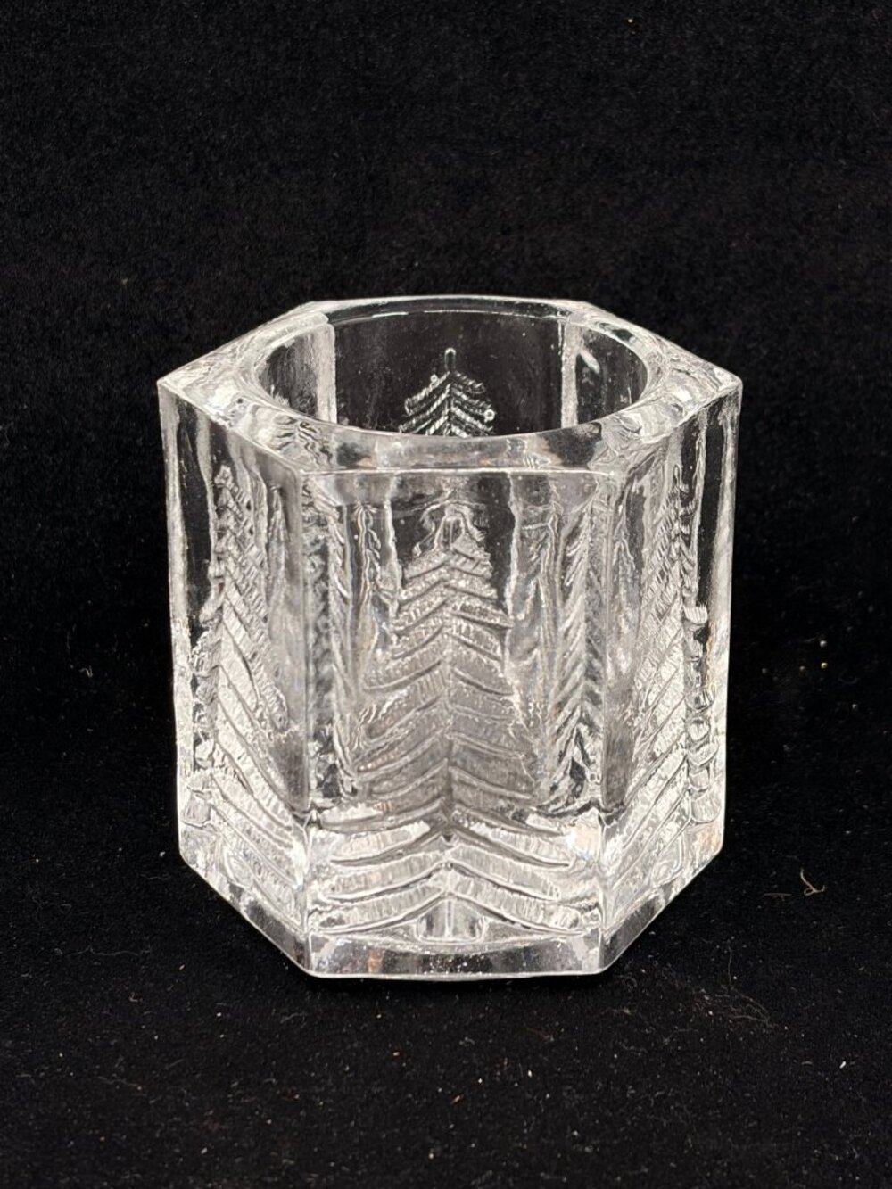 Crystal Clear Glass Votive Holder Pine Tree Botanical Nature Design  3" Tall